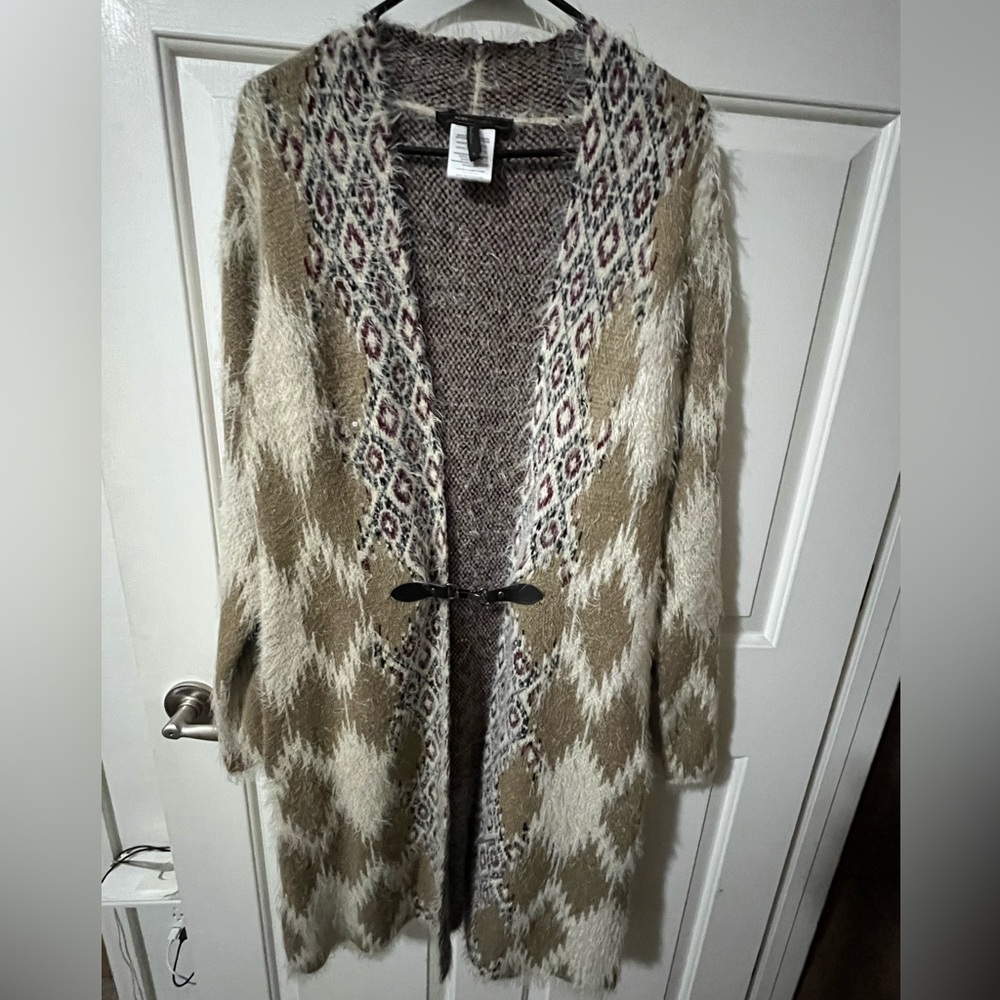 BCBG MAX AZRIA BOHO FUZZY YARN KNIT GEOMETRIC BEIGE SIZE S